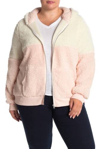 Imbracaminte femei planet gold faux shearling colorblock zip hoodie plus size pink pearl blush
