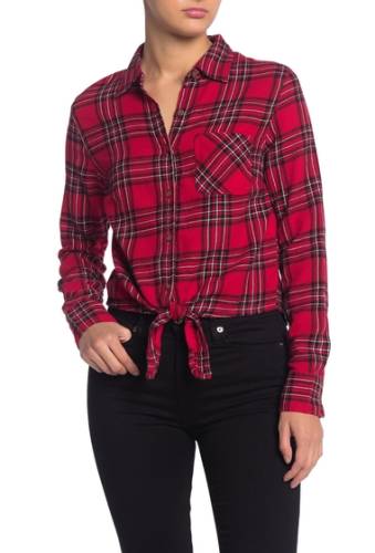 Imbracaminte femei planet gold tie front flannel crop button down shirt tango red yd200324