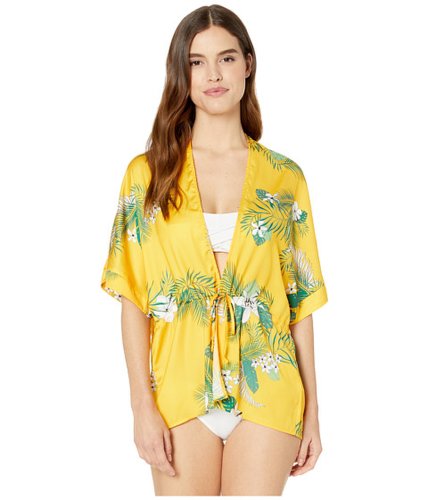Imbracaminte femei plush silky floral beach kimono cover-up robe marigoldgreen palm
