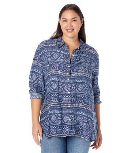 Imbracaminte femei roper plus size rayon button-down blouse w indigo tribal print blue