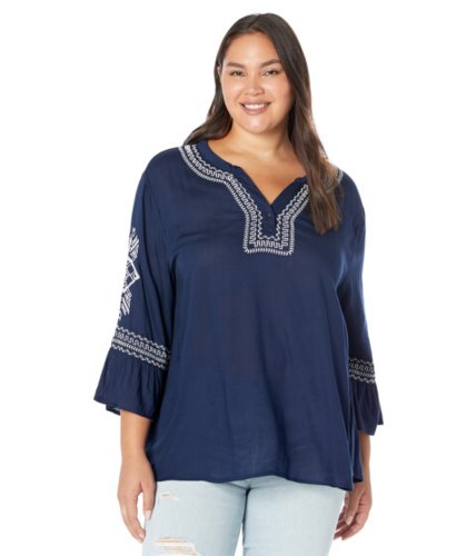 Imbracaminte femei roper plus size rayon challis peasant blouse w geometric embroidery blue