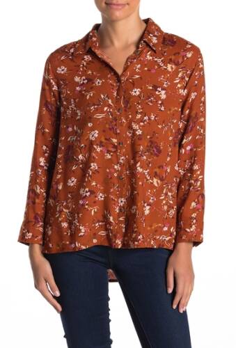 Imbracaminte femei susina button hem printed long sleeve shirt regular petite rust umber painted florals