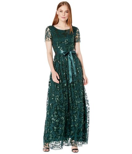 Imbracaminte femei tahari by asl short sleeve embroidered lace gown with ribbon sash hunter green