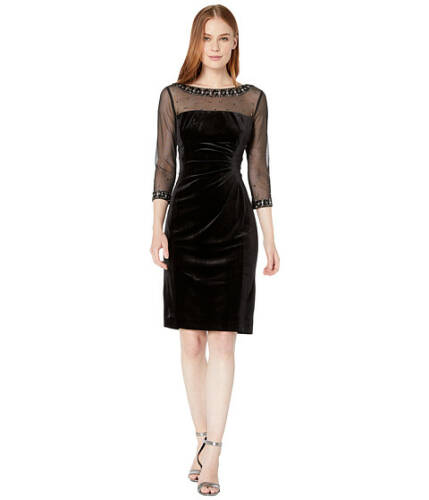Imbracaminte femei tahari by asl stretch velvet cocktail dress with illusion mesh and beaded sleeves and neckline black