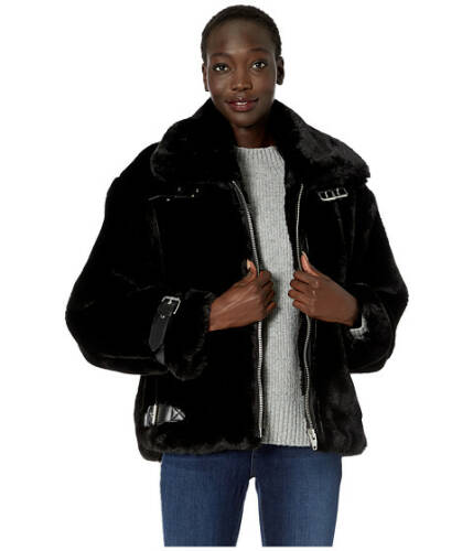 Imbracaminte femei the kooples bomber faux fur jacket with leather straps at cuffs and collar black