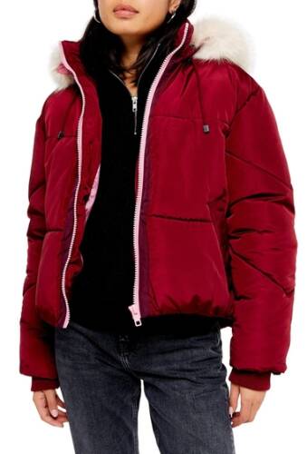 Imbracaminte femei topshop lauren faux fur trimmed hood puffa jacket burgundy