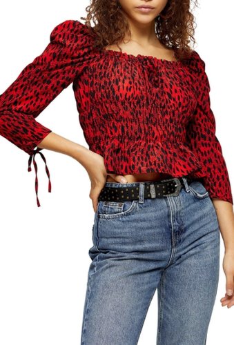 Imbracaminte femei topshop petite leopard ruched lace up prairie blouse red multi