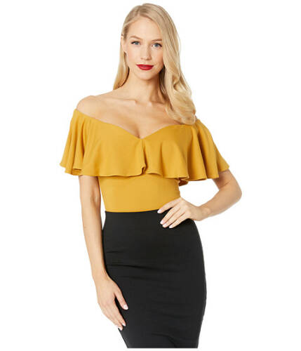 Imbracaminte femei unique vintage 1950s off the shoulder ruffle frenchie knit top mustard yellow
