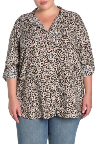 Imbracaminte femei velvet heart elisa leopard print roll sleeve shirt plus size sage leop