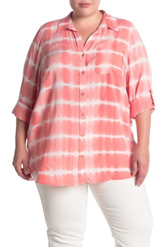 Imbracaminte femei velvet heart elisa printed button tab sleeve shirt plus size flamingo tie dye