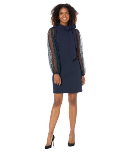 Imbracaminte femei vince camuto bow neck shift dress with flock mesh dot sleeves navy
