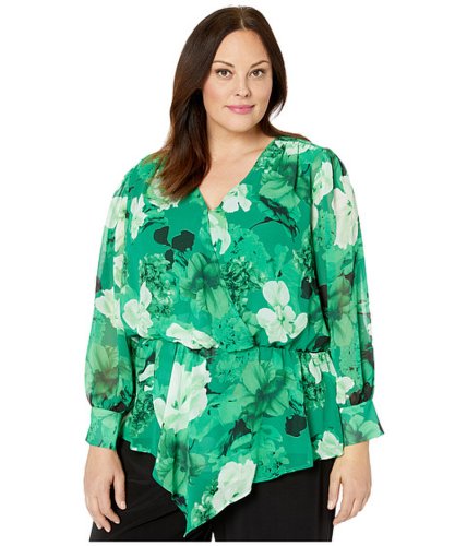 Imbracaminte femei vince camuto specialty size plus size long sleeve asymmetrical peplum cinch waist floral blouse deep emerald