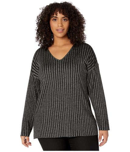 Imbracaminte femei vince camuto specialty size plus size long sleeve rib stripe v-neck sweater rich black