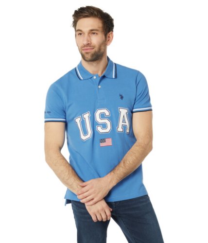 U.s. Polo Assn Incaltaminte barbati us polo assn slim fit usa applique flag print knit polo shirt super sonic blue