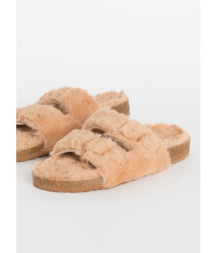 Incaltaminte femei cheapchic soft landing furry buckled slide sandals camel