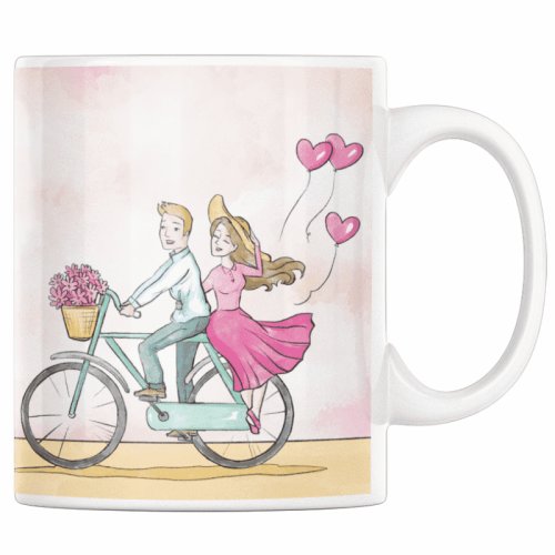 Cana personalizata cadou special pentru iubit de ziua indragostitilor, priti global, cuplu pe bicicleta cu mesaj de dragoste, 330 ml