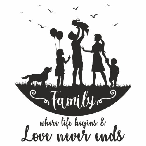 Sticker perete, priti global, membrii familiei, where life begins & love never ends, negru, 57 x 82