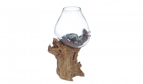 Vaza turnata pe lemn, lemn sticla, transparent natural, 20x20x38 cm