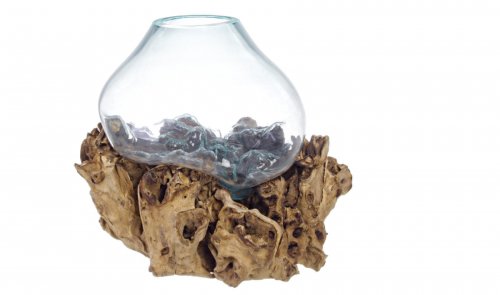 Vaza turnata pe lemn, lemn sticla, transparent natural, 50x40x45 cm