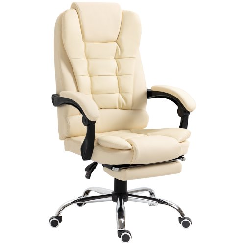 Fotoliu prezidential homcom din piele artificiala alb, scaun de birou reglabil cu spatar rabatabil la 145° | aosom ro