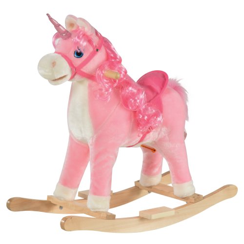 Homcom cal tip balansoar pentru copii 36-72 luni, unicorn tip balansoar cu sunete din lemn si plus roz, 74x33x62cm