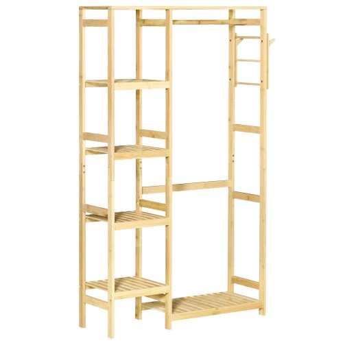 Homcom suport de hhaine de podea din lemn de bambus, suport pentru haine cu rafturi laterale pentru hol si dormitor, 90x30x155cm