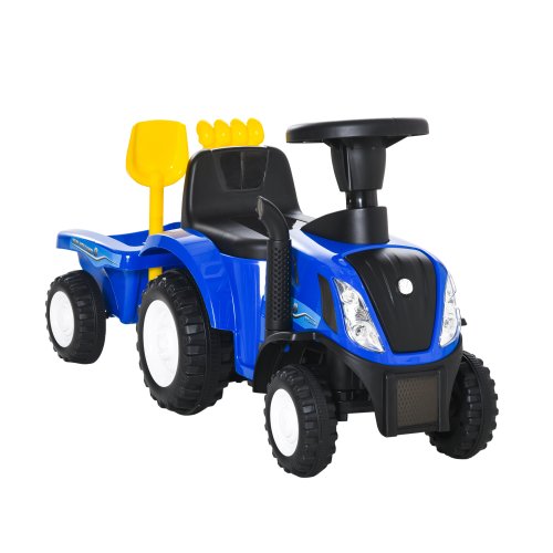 Homcom tractor pentru copii ride-on cu remorca, grebla si lopata, joc educativ pentru copii 12-36 luni, 91x29x44cm, alabastru inchis