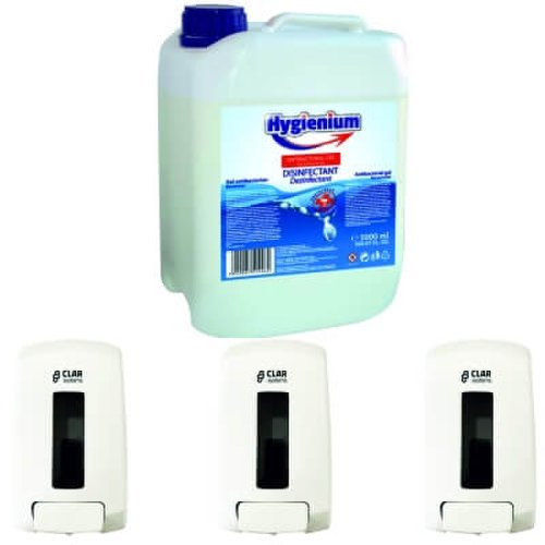 Hygienium virucid gel dezinfectant maini 5 l + clar systems dispenser/dozator pentru sapun si dezinfectant, plastic alb abs, 3x 1100 ml