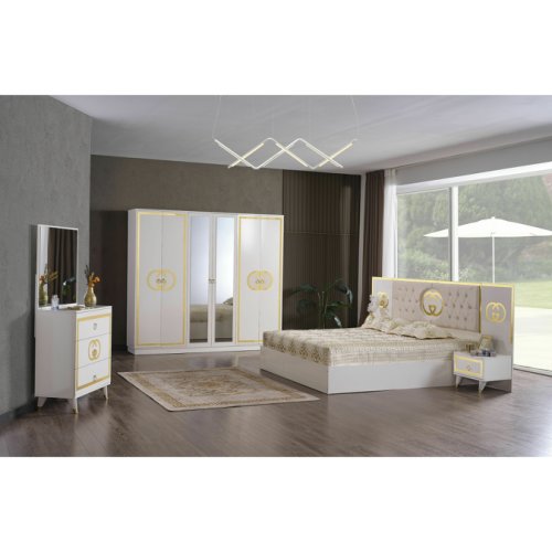 Dormitor bambuu- alb - dulap 6 usi, pat 180x200, comoda cu oglinda, 2 noptiere