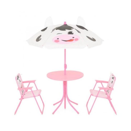 Set mobilier gradina copii, cow, 2 scaune, masuta si umbrela, roz
