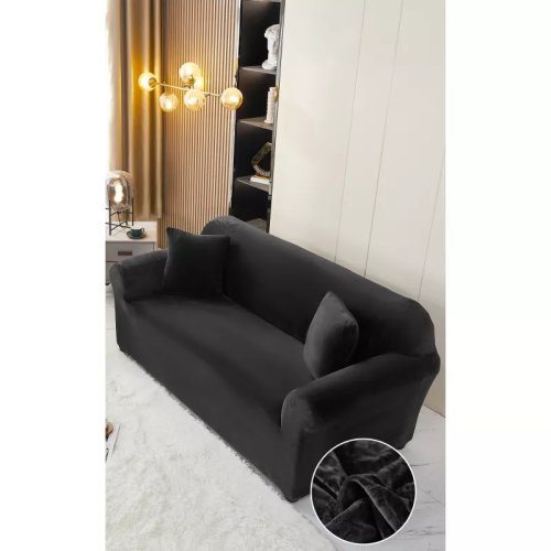Husa elastica din catifea pentru canapea 2 locuri + fata de perna, negru - lj333