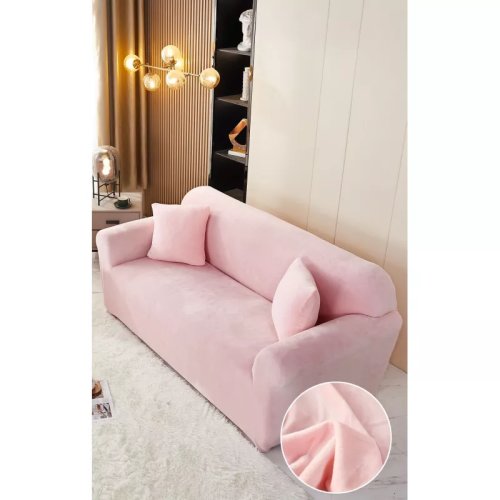 Husa elastica din catifea pentru canapea 2 locuri + fata de perna, roz - lj328