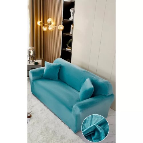 Husa elastica din catifea pentru canapea 2 locuri + fata de perna, turcoaz - lj334
