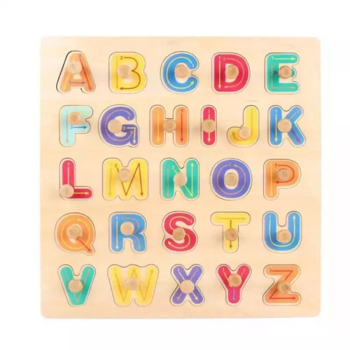 Puzzle incastru cu buton, din lemn, litere alfabet, 26 piese