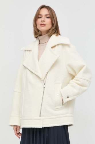 Boss geaca din amestec de lana culoarea alb, de tranzitie, oversize