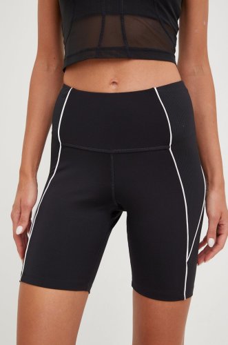 Reebok pantaloni scurți de antrenament workout ready poly femei, culoarea negru, cu imprimeu, high waist