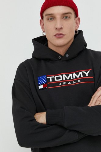 Tommy jeans bluza barbati, culoarea negru, cu glugă, cu imprimeu