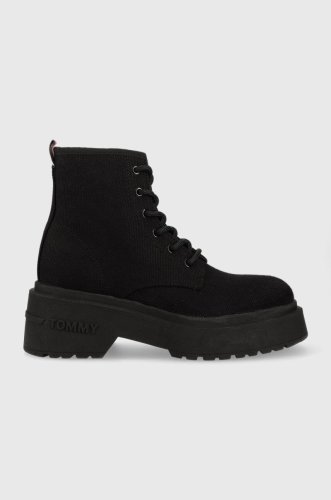 Tommy jeans ghete lace up festiv boots femei, culoarea negru, en0en02133