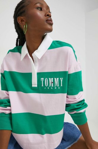 Tommy jeans longsleeve din bumbac culoarea verde, cu guler