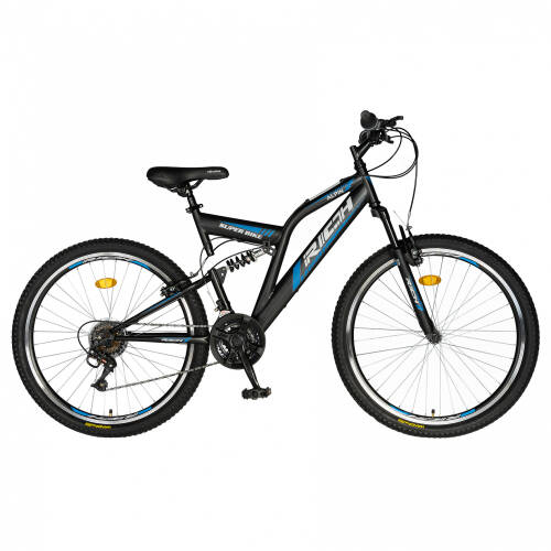 Bicicleta munte dubla suspensie rich r2649a roata 26 frana v-brake 18 viteze negru albastru