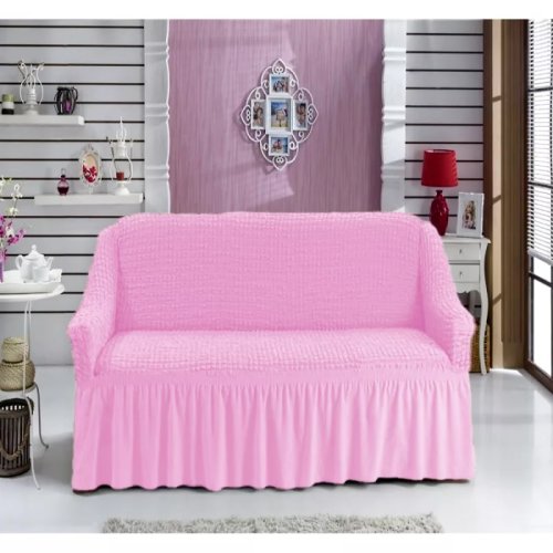 Husa pentru canapea 2 locuri, elastica si creponata, cu volane, roz- lj478