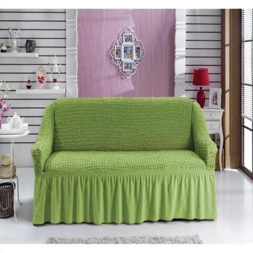 Husa pentru canapea 2 locuri, elastica si creponata, cu volane, verde- lj480