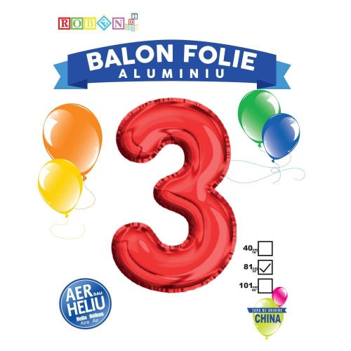 Balon, folie aluminiu, rosu, cifra 3, 81 cm