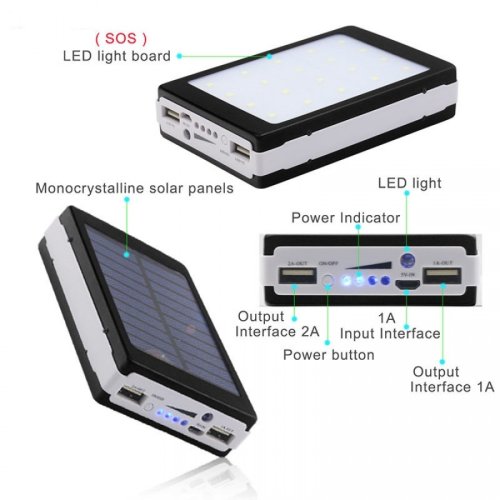 Baterie externa - power bank 20000 mah - incarcare solara + lanterna 20 led