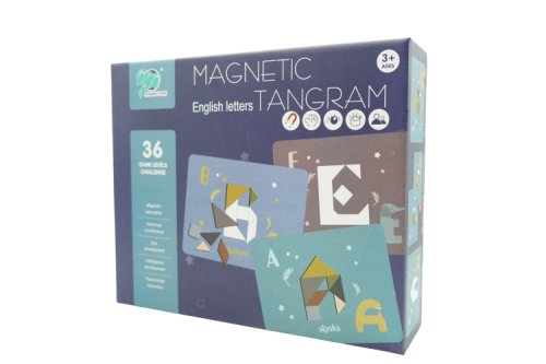 Joc magnetic tangram, tabla si forme diverse magnetice, 34 de piese, pentru copii, +3 ani, multicolor