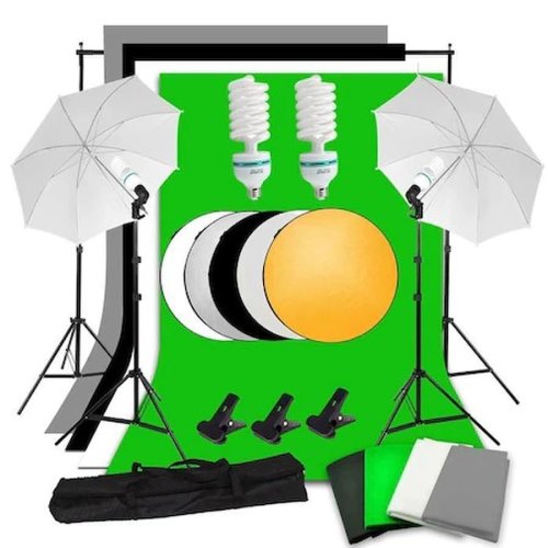 Kit 2 umbrele studio, suport 2x2m, 4x panze vang, 2x becuri foto 135 w plus reflectoare si geanta transport, negru