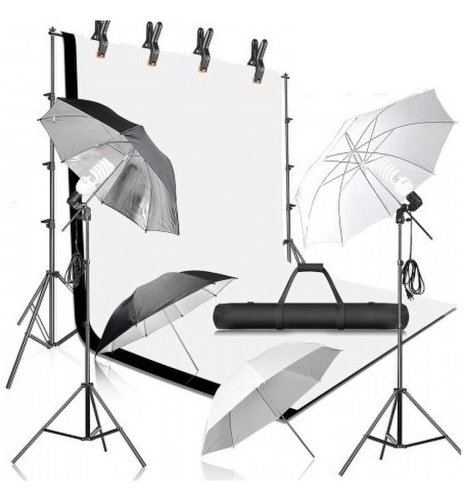 Kit 4 umbrele 2x bec 135w, suport fundal 2x2 m plus clesti prindere, x2 panze, negru