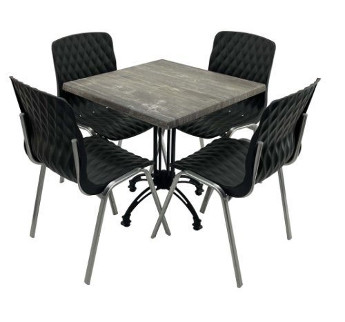 Set mobila de terasa, restaurant raki old pine, masa patrata 80x80cm cu blat werzalit si baza retro, 4 scaune royal negre