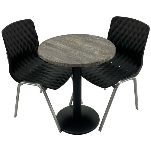 Set mobila de terasa, restaurant raki old pine, masa rotunda d60cm cu blat werzalit si baza metalica neagra, 2 scaune royal negre