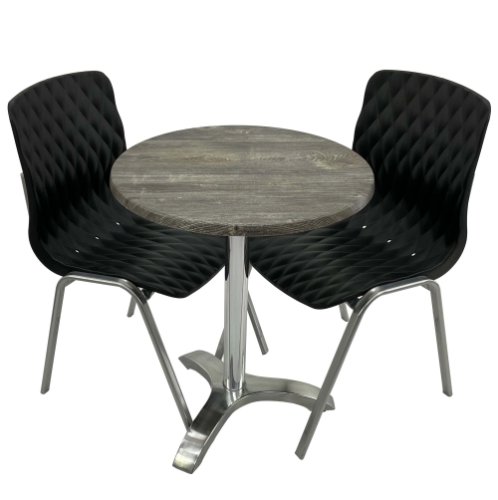 Set mobila de terasa, restaurant raki old pine, masa rotunda d60cm cu blat werzalit si picior aluminiu, 2 scaune royal negre